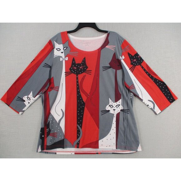 Catalog Favorites Multi-color Rhinestones 3/4 Sleave Cat Print Top 1X - Picture 2 of 11